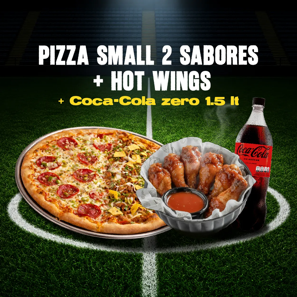 Pizza Small 2 Sabores + Hot Wings + Coca Cola Zero 1.5Lt